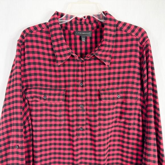 Lane Bryant Plus Size 22 24‎ Top Check Red Black Soft Collar Flannel Pockets 443 - Picture 3 of 7